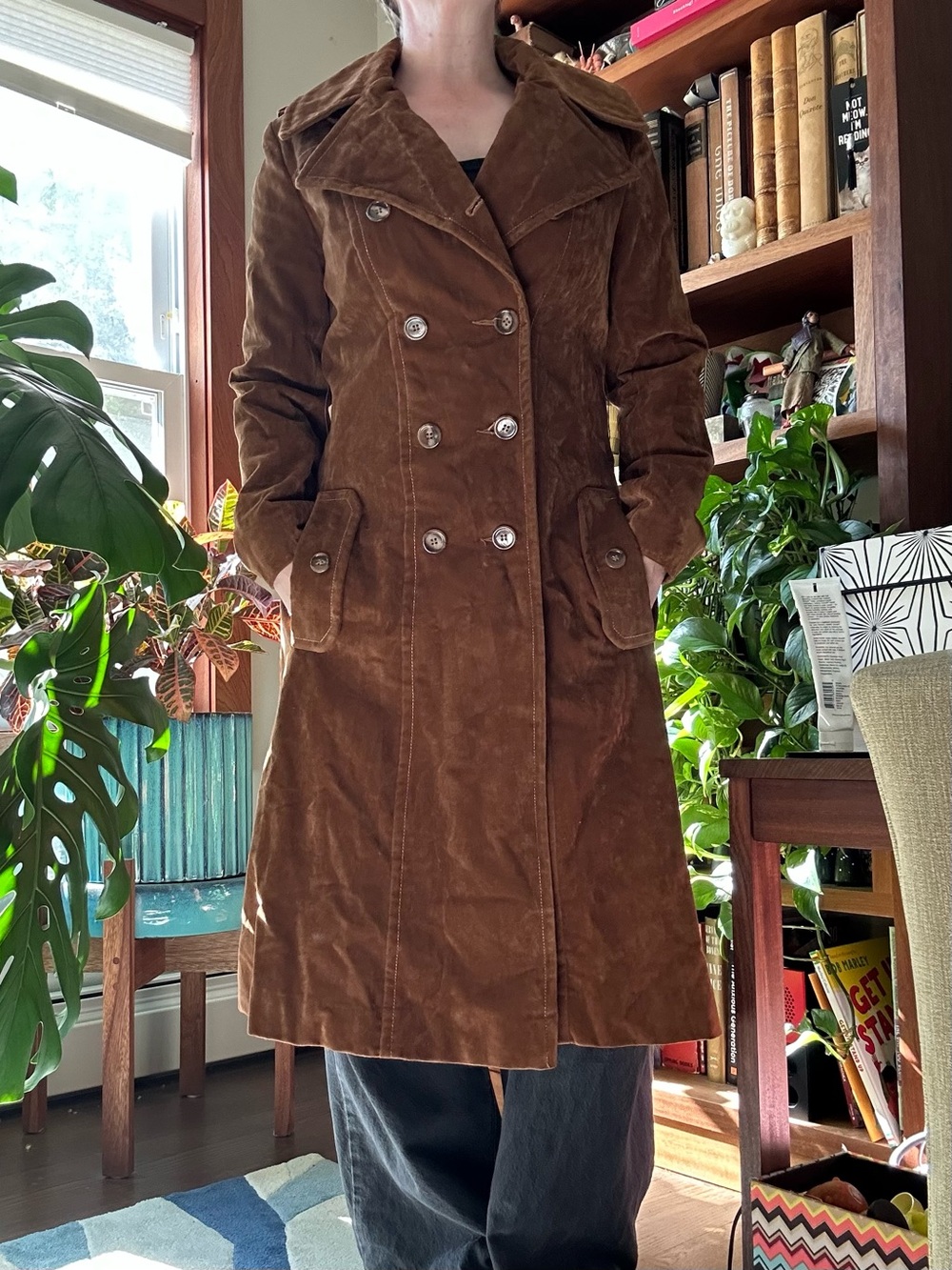 Vintage Brown Double-Breasted Velvet Trench Style Coat